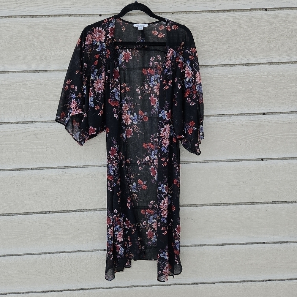 American Eagle flowy black floral sheer midi length kimono XS/S